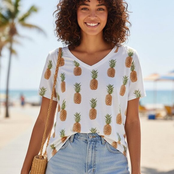 LuLaRoe Tops - LuLaRoe Pineapple Tee Size Large Tropical Graphic Shirt Summer Cruise Vacation
